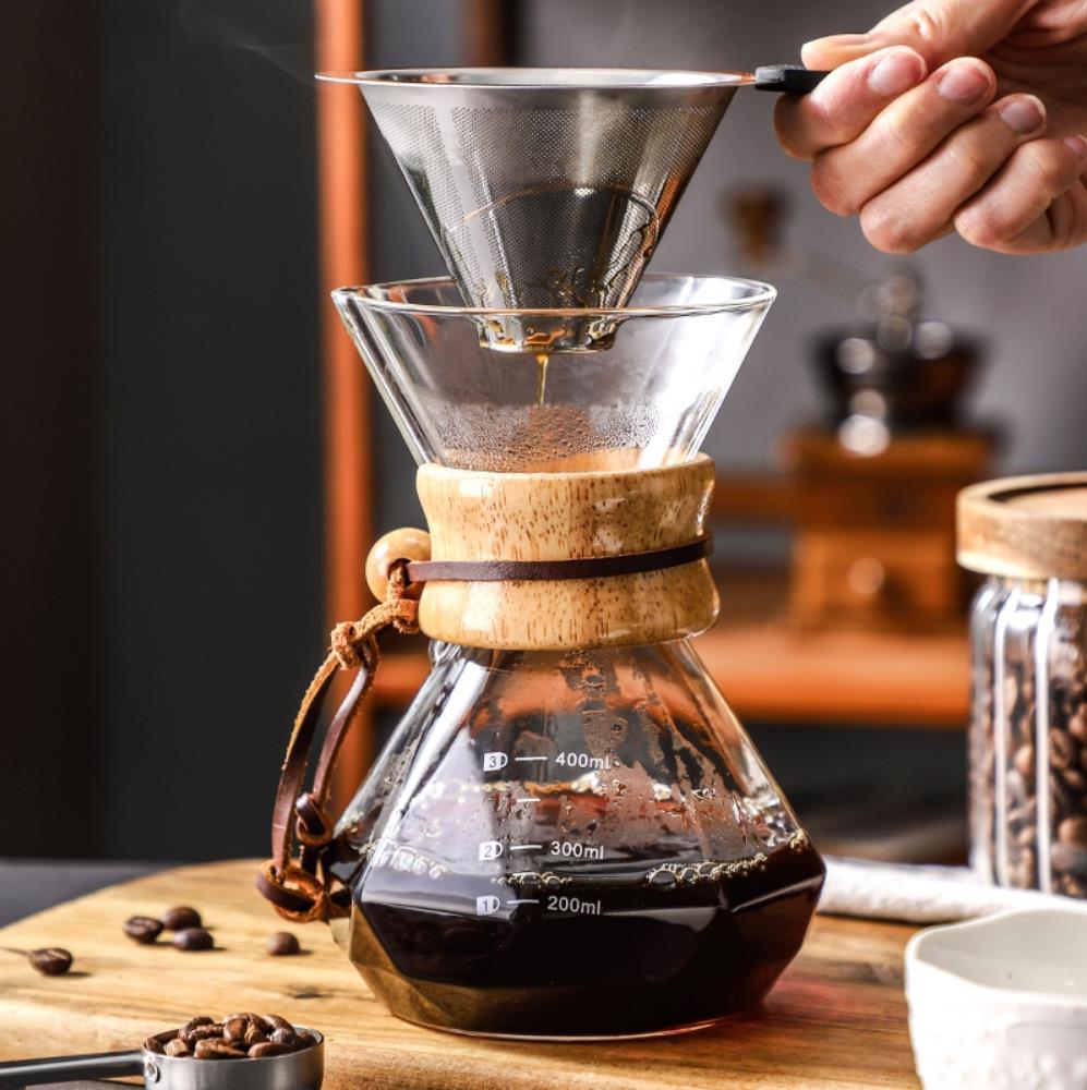 Coffee Equipment Pour Over - Kaffeekanne aus Glas mit Edelstahlfilter, Tropfbrauen,